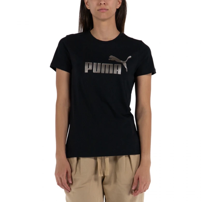 футболка ess+ metallic logo tee puma black-bronze